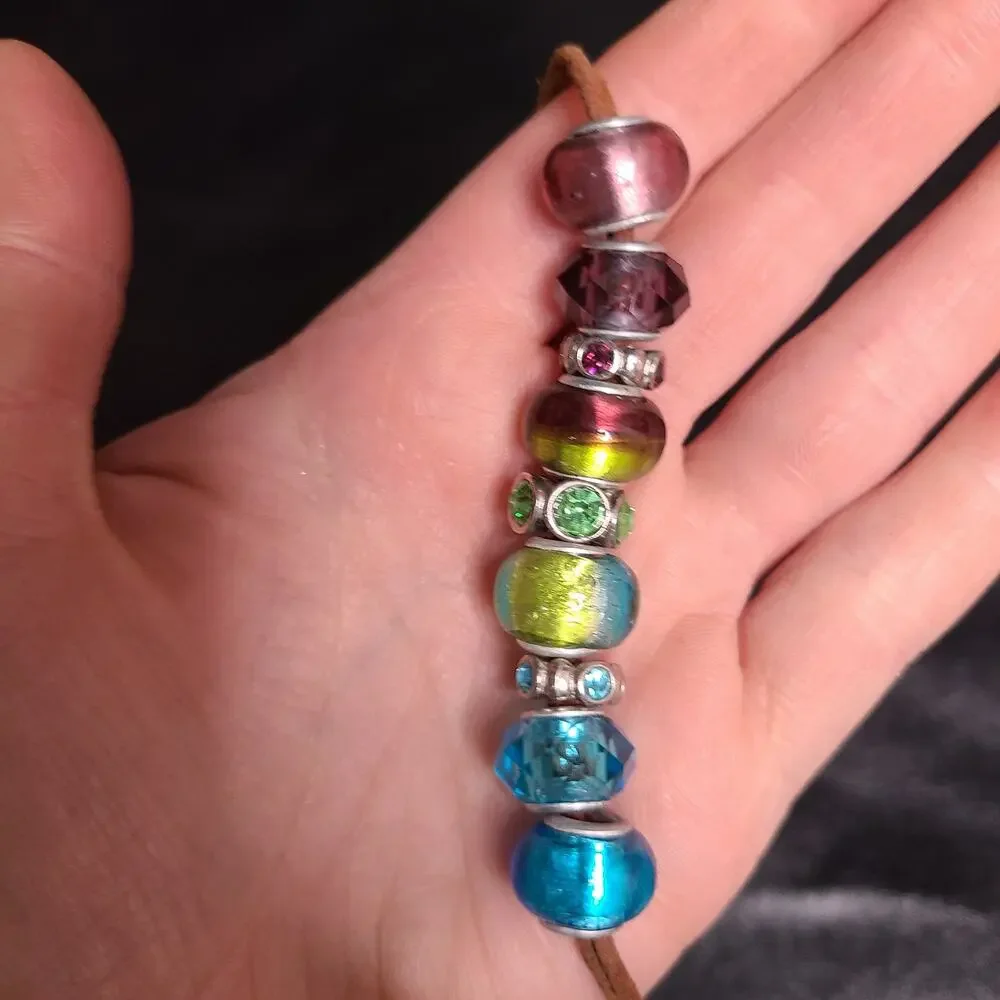 Vintage 90s Handmade leather rainbow glass bead choker